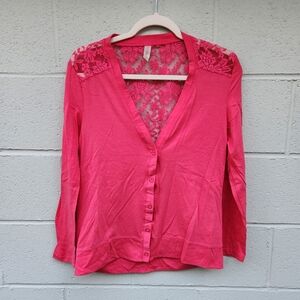 Sofra- Magenta- Lace Back- Full Button Front Closure- Cardigan-Size Large